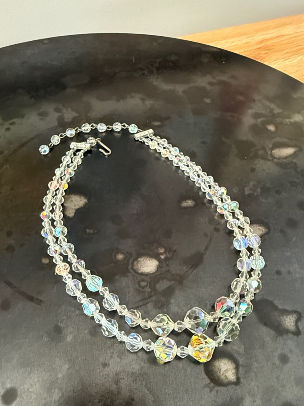 Crystal Aurora Borealis Layered 2 Strand Necklace, Vintage Rainbow Glam 14-16”